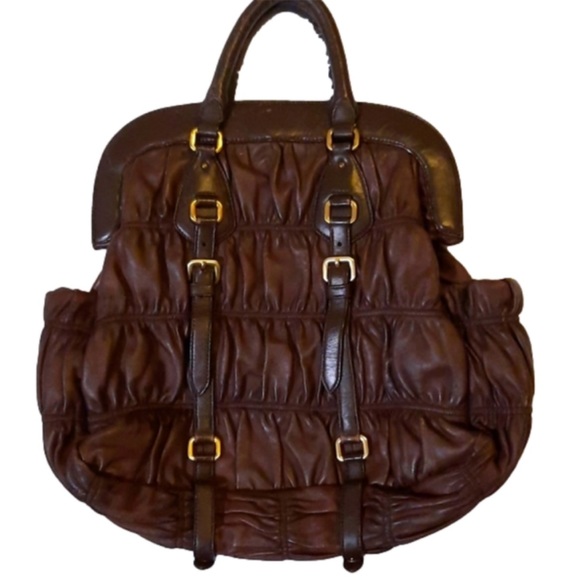 Prada Handbags - Prada Gaufre Nappa Leather Brown Ruched Bag